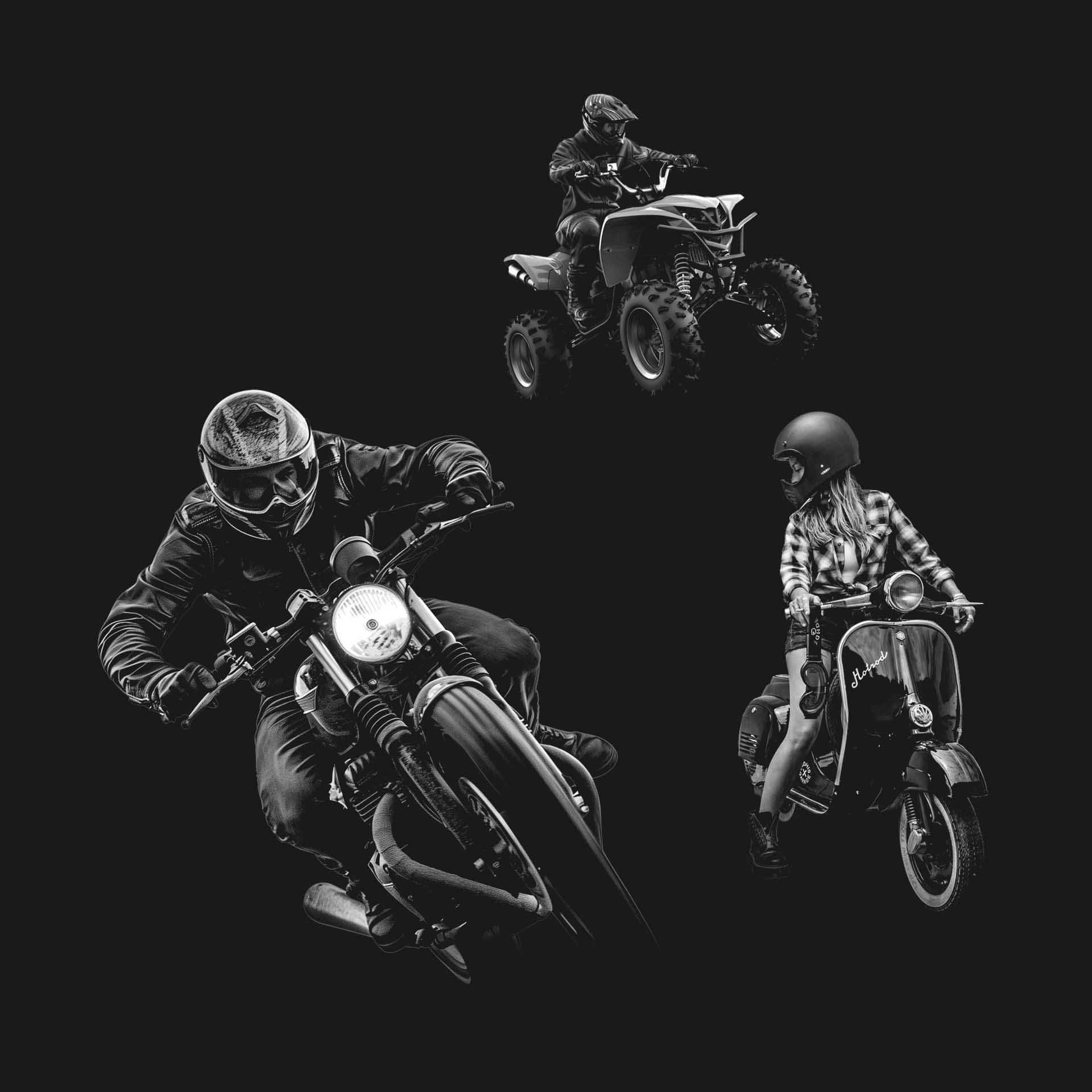 3 persons riding a motorbike, a scooter and a quad on a dark background 