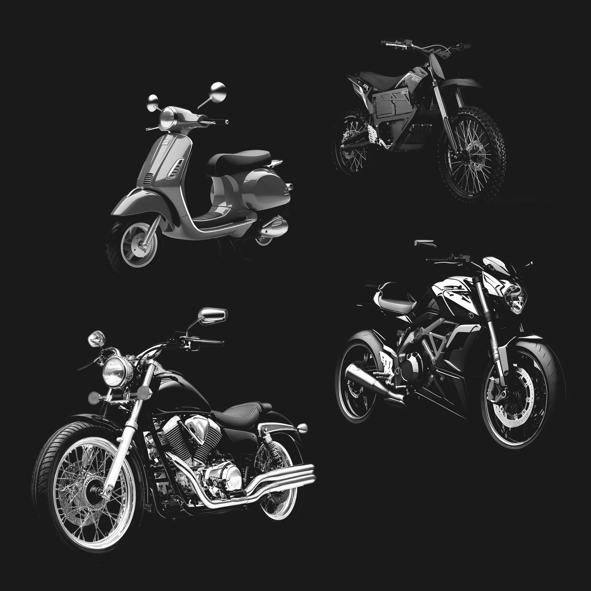 various motorbikes, scooters on a dark background